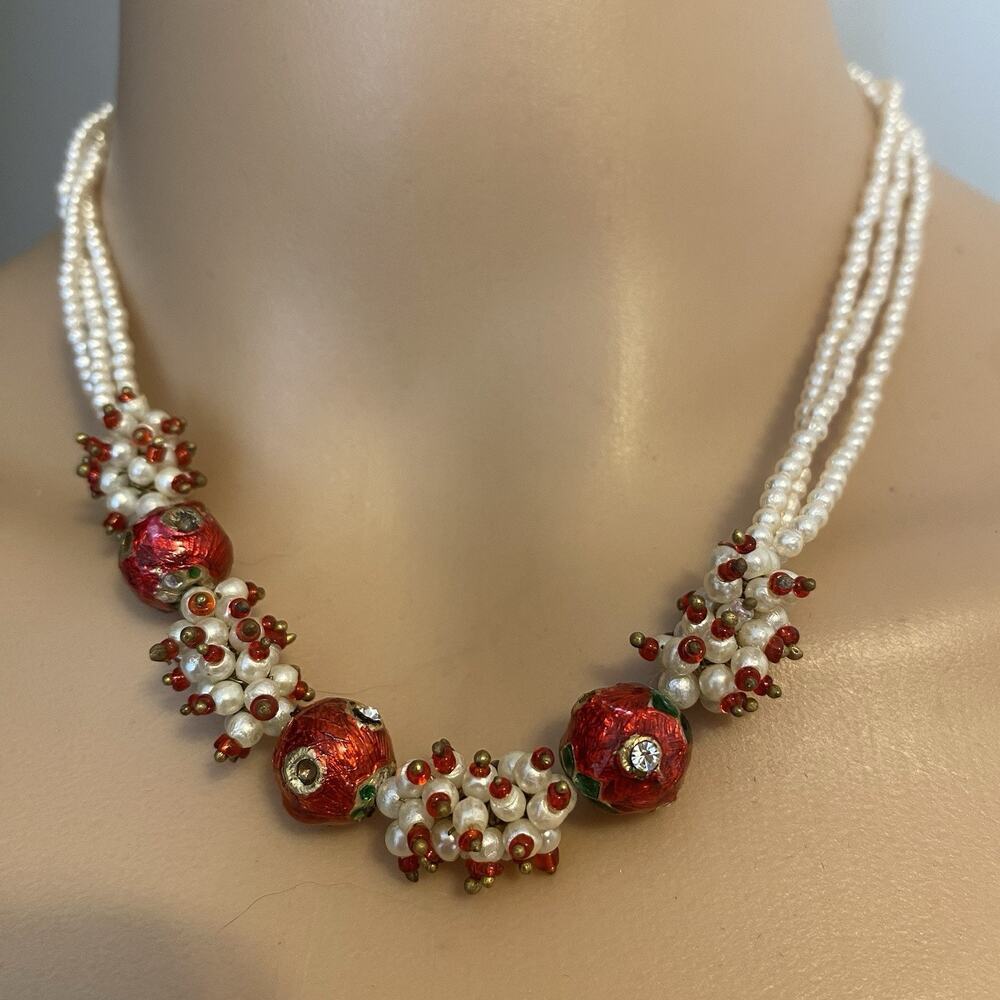 VTG 80s Faux Pearl Triple Strand Necklace Red Ivory Enamel Rhinestone Choker